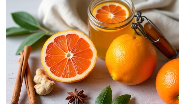 Fructe bogate în vitamina C, ghimbir și miere, așezate artistic, evocând ideea de fortificare a imunității în sezonul rece.