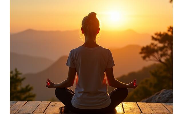O persoană meditând într-o poziție de lotus, cu mâinile pe genunchi, pe fundalul unui apus luminos, emanând calm și echilibru interior.