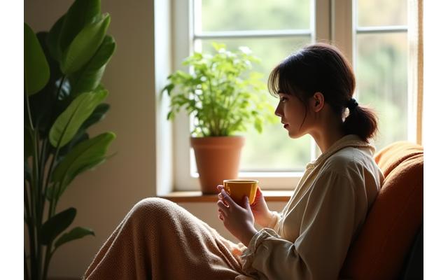O persoană stând pensivă, cu o ceașcă de ceai, într-un mediu calm, cu plante verzi, care transmite o stare de relaxare și contemplare.