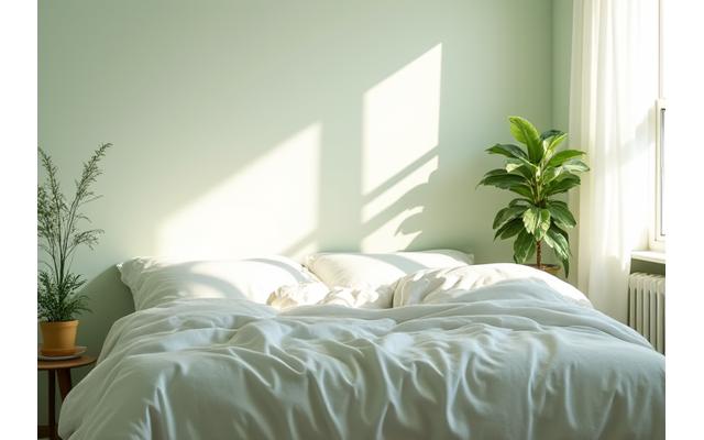 Un interior de dormitor minimalist și senin, cu lumină naturală blândă și un pat cu așternuturi curate, sugerând o atmosferă propice somnului odihnitor.