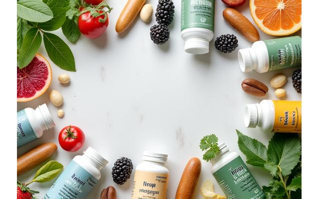 O selecție ordonată de sticluțe cu suplimente alimentare și ingrediente naturale (fructe de pădure, nuci), într-un cadru curat și bine iluminat, care sugerează bunăstare.