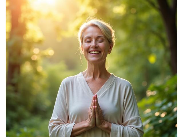 O femeie zâmbitoare, liniștită, meditând într-un spațiu luminos și verde, simbolizând eliberarea de stres și bunăstarea