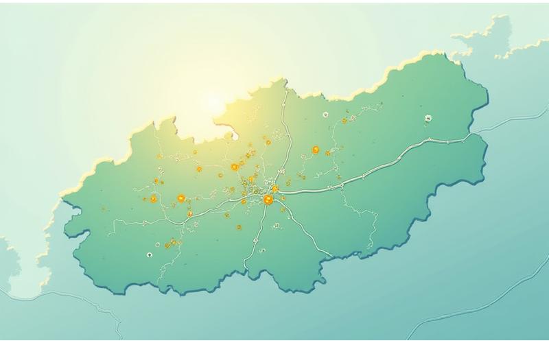 O hartă stilizată a orașului Brașov și a județului, cu puncte luminoase marcând zonele unde Vitalis Cărămida a avut un impact semnificativ prin evenimente și membri activi.