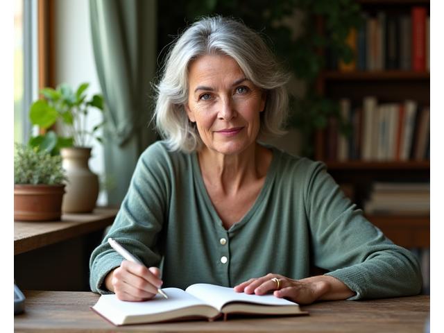 O femeie zâmbitoare, cu părul grizonat, așezată la o masă din lemn, scriind într-un jurnal, sugerând reflecție și creștere personală, într-un decor natural și luminos.