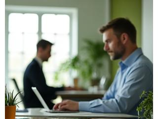 Bărbat la laptop, calm și concentrat
