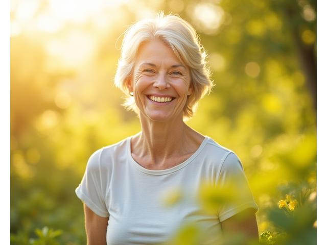 Femeie zâmbind, plină de energie, într-un mediu natural, simbolizând echilibrul hormonal.
