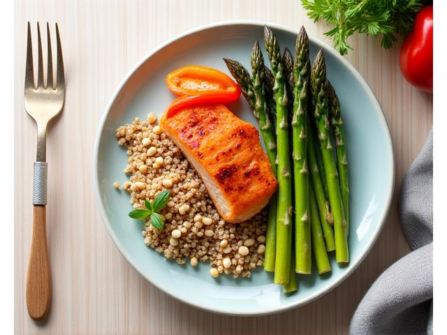 O farfurie echilibrată cu alimente bogate în nutrienți: legume verzi, quinoa, pește la grătar, nuci, ilustrând o masă care oferă energie constantă.