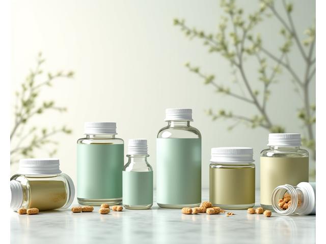 Diverse flacoane de suplimente nutriționale aranjate estetic, cu etichete clare și ingrediente naturale vizibile, evocând încredere și puritate.
