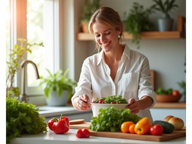 Femeie zâmbind, pregătind o salată vibrantă și sănătoasă, cu fructe și legume proaspete pe un blat de bucătărie.