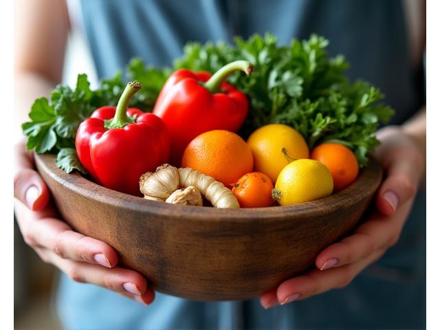Mână care ține un bol cu fructe de pădure, citrice și nuci, simbolizând aportul de vitamine și antioxidanți pentru imunitate.