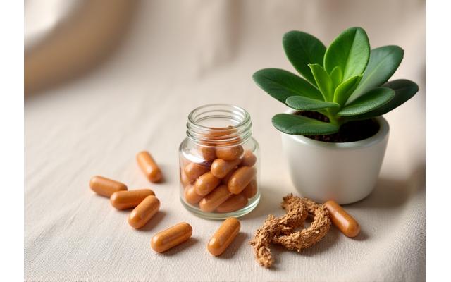 Extract de Ashwagandha sub formă de capsule într-un recipient transparent, lângă rădăcină uscată de ashwagandha și o plantă în ghiveci, într-un cadru calm.