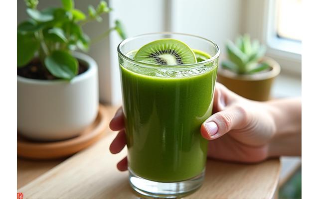 O mână ține un pahar cu un smoothie verde vibrant lângă plante suculente, simbolizând energie și vitalitate.