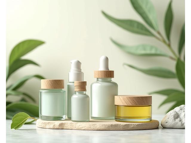 Colecție elegantă de produse wellness ambalate natural pe o suprafață curată, cu frunze verzi discrete în fundal, evocând puritate și eficacitate.