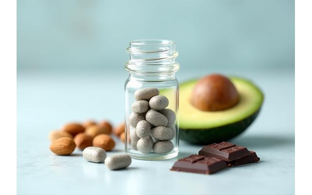Tablete de Magneziu într-o sticluță elegantă de sticlă, alături de surse naturale de magneziu precum avocado și nuci, pe o suprafață curată și minimalistă.