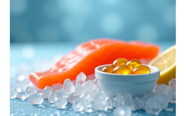 Capsule de Omega-3 lângă pește proaspăt și lămâi pe gheață, într-un stil curat și apetisant, subliniind sursa naturală și beneficiile pentru inimă.