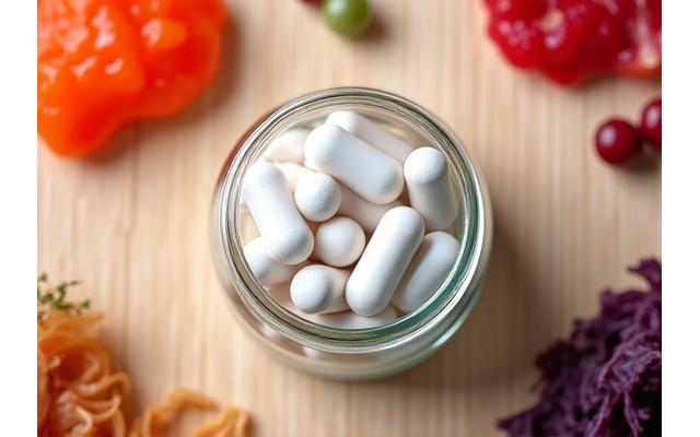 Capsule de probiotice într-un recipient transparent, înconjurate de fructe și legume fermentate, pe o masă luminoasă, indicând sănătatea digestivă.