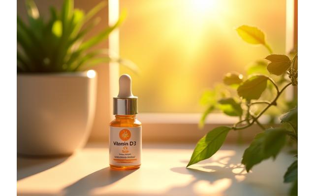 Picături de Vitamina D într-o sticluță mică, lângă raze de soare și o plantă verde, creând o imagine plină de lumină și sănătate.
